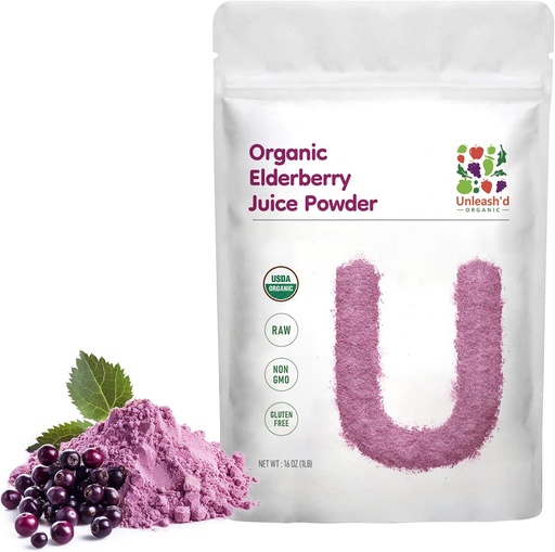 [BRSRAHYTBUHW2EY2] UNLEASH'D ORGANIC Organic Elderberry Juice Powder 16 oz 100% Pure Natural Green Food, Rich in Antioxidants and Multivitamins, High Antioxidant Effects, Anti-Inflammatory