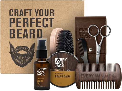 [BRSRAEINCQCQODI2] Every Man Jack Beard Grooming Kit for Men - Includes Sandalwood Beard Oil & Beard Balm, Beard Brush, Wooden Dual-sided Comb, Trimming Scissors and Mustache Comb