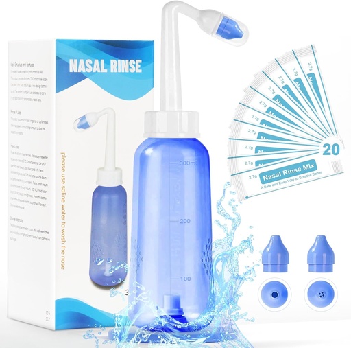[BRSROHACBNYRMHT3] Neti Pot Sinus Rinse Bottle - Gentle Nasal Wash Bottle Nose Cleaner for Effective Pressure Irrigatio 300 ML with 20 Nasal Wash Salt Packets
