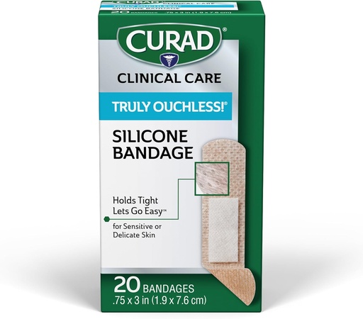 [BRSWKYI5AEBRG2A5] CURAD Truly Ouchless! ® Silicone Bandages, .75" x 3, For Sensitive or Delicate Skin, בד גמיש, Protects Scrapes, Cuts & Burns, Count 20
