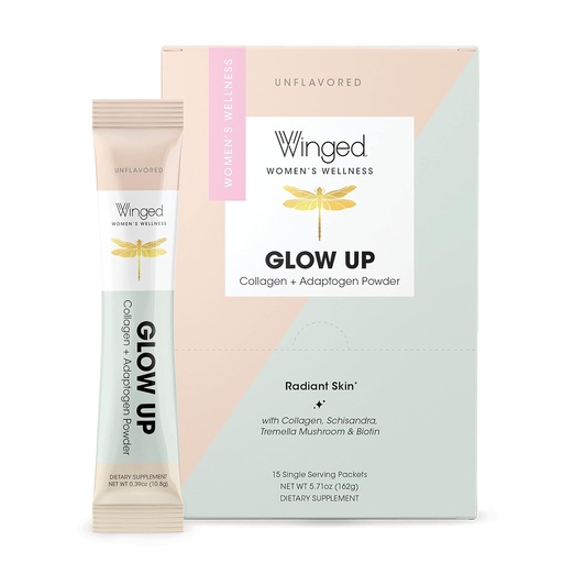 [BRSW2CT3AV6BAEL5] Winged Glow Up Collagen Powder | Better Hair, Skin, Nails For Women | Grass Fed Collagen Peptides W/Adaptogen Schisandra, Snow Mushroom, Vitamin C & Biotin | Unflavored, Non Gmo, 15 Count
