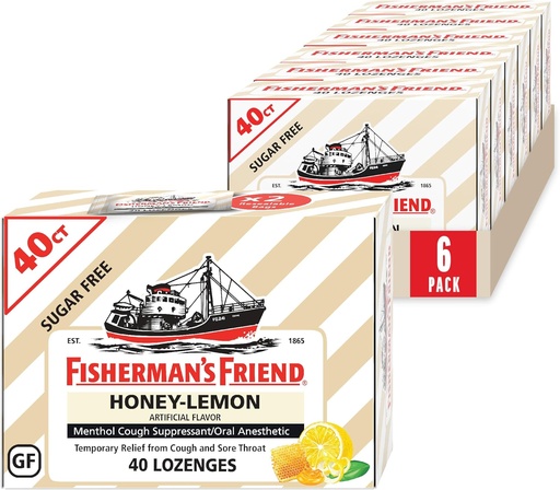 [BRSWYZQ6PIPA42DU] Fisherman's Friend Cough Drops, Cough Suppressant and Sore Throat Lozenges, Sugar Free Honey-Lemon, 5.52mg Menthol, 240 Drops (6 Packs of 40)