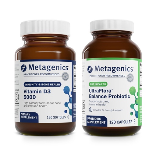 [BRSRAFTRCV5AIEL5] Metagenics Bundle - D3 5000 & UltraFlora Balance - 120 Softgels of D3 5000 for Immune Support, Bone Health & Heart Health - 120 Capsules of UltraFlora Balance for Digestive Health