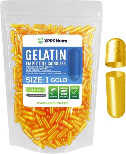 [BRSWYCQROV4B43TP] XPRS Nutra Size 1 Empty Capsules - 500 Count Empty Gelatin Capsules - Pills DIY Capsule Filling - Pure Bovine Pill Gel Caps for Do-It-Yourself Supplements (Gold)