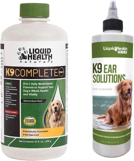[BRSRMAQYBMNRGFI7] LIQUIDHEALTH Pets K9 Complete 8-in-1 Multivitamin for All Dogs & Puppies & K9 Ear Wash Solutions - Pet Health Supplement Bundle for Joint & Immune Support, Dog Ear Cleaning Treatment - Made in USA