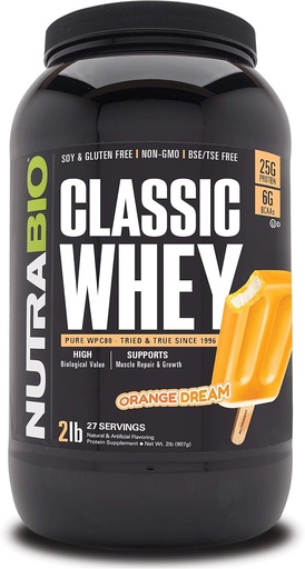 [BRSWYZT3CAJWECY3] NutraBio Classic Whey Protein Powder- 25G of Protein Per Scoop - Full-Spectrum Amino Acid Profile - No Fillers, Artificial Colors, Preservatives - Orange Dream, 2 Pounds