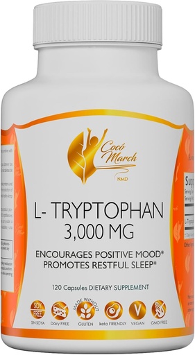 [BRSRO2QDCEFRUF36] Cocó March N.M.D L-Tryptophan Sleep Aid 500 mg, Gluten Free, Vegan, GMO Free, Dairy Free, Keto Friendly, Soy Free - 30 Servings