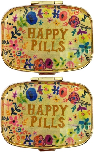 [BRSRAZQEPIBRAG3D] 2 Packs וינטג 'Pocket גלולה מארגנים Metal Retro Pill Boxes Sweet Pill Cases for Purse / Pocket Portable to Hold ויטמינים / Tylenol/Supplements/Meds/Tablet(Happy Pills with Mirror Inside)
