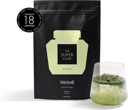 [BRSW2FQ3DECROE3K] WelleCo The Super Elixir Daily Greens Powder, Probiotic Drink Mix with Whole Foods, Gluten Free, Vegan Gut Health Powder, Energy, Immunity, Healthy Skin, Hair & Nails (300g, Unflavored)