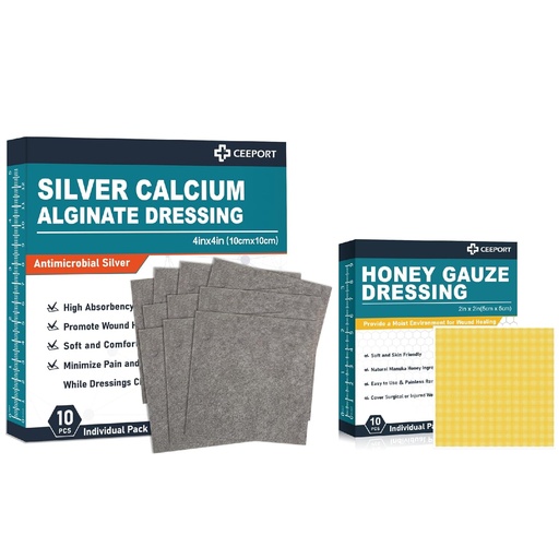 [BRSROA3YCIOQ2D35] Silver Calcium Alginate Dressing (4''x4''10pcs) +Manuka Honey Gauze Dressing(2" x 2" 10pcs)