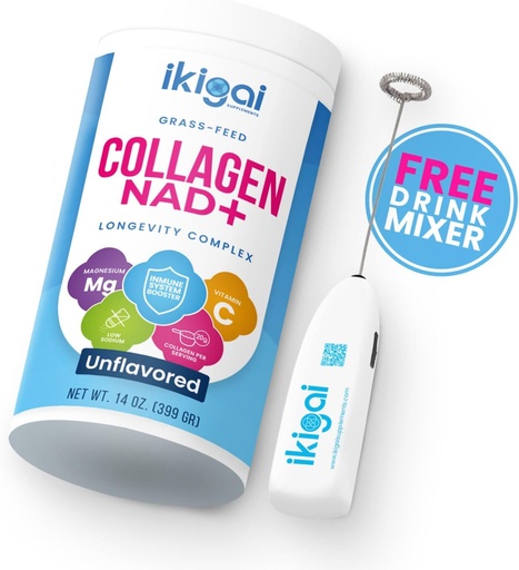 [BRSROFICBUJWKCTL] Ikigai Collagen with NAD+ (30 Servings) - Non-GMO, Gluten-Free, Paleo, Kosher - No Flavor, Includes Free Drink Mixer