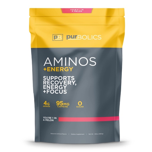 [BRSWGYADDEPQ2HLF] Purbolics Aminos + Energy | Supports Recovery, Energy & Focus | 95mg of Caffeine, 0 Sugar & 60 Servings (You're 1 in A Melon)