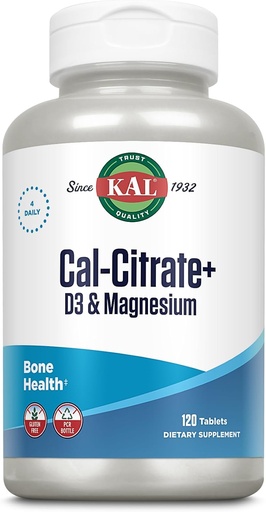 [BRSWIYQHDEFR2A36] KAL Cal-Citrate+, Citrato di Calcio Plus Vitamina D-3 e 500 mg di Magnesio, Bones sano e supporto denti, senza glutine e Lab verificato per qualità, 30 Serve, 120 compresse