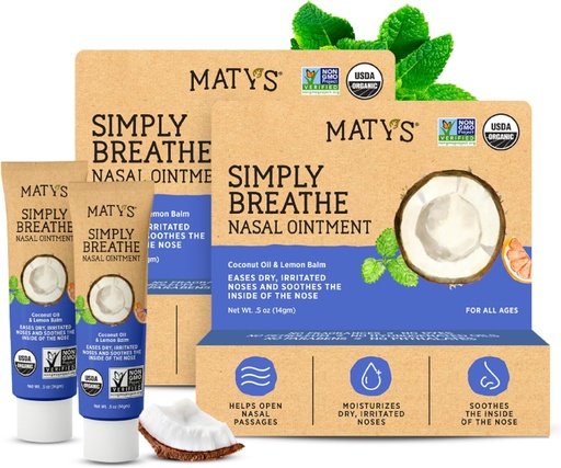 [BRSWKGD5CIEAG2D2] Matys Organic Pur și simplu respirați Ointment nazal pentru nasuri uscate și nări Datorită alergiilor, sângerări nas, Iritație CPAP & dispozitiv de oxigen, alternativa salină curată pentru adulți și copii, 2 ambalaj, 0,5 oz Fiecare