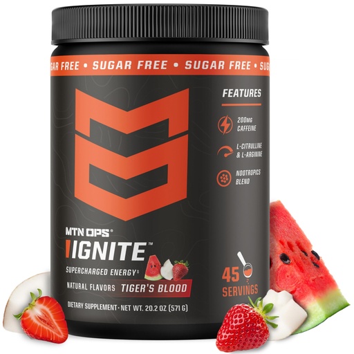 [BRSWGEABBADRE3QV] MTN OPS Ignite Sugar Free Energy Drink Powder with 200mg Caffeine, Nootropic Blend for Energy, Focus & Endurance, L Arginine & L Citrulline Pre Workout, 45 Servings, Tiger's Blood