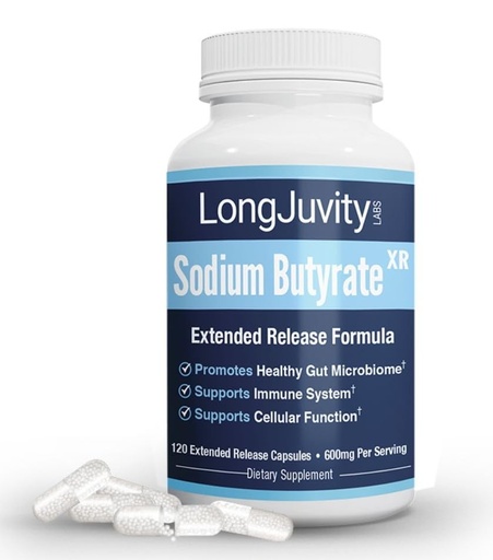 [BRSROFATABYGO3TF] LongJuvity Sodium Butyrate Supplement (300mg) - Optimal Gut Health for Men & Women - Digestion Support & Leaky Gut Repair - Postbiotic Short Chain Fatty Acid, Lab Tested (120 Extended Release Caps)