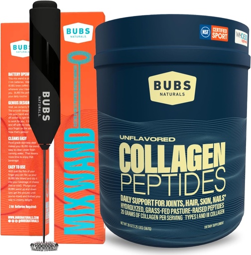 [BRSW2FATCQPGO3YY] BUBS Naturals Collagen Peptides Powder & Mixing Wand Bundle, Collagen for Women & Men, Hydrolyzed Peptides, Unflavored Pasture Raised Grass Fed, Keto Friendly, 20 oz Collagen Tub (28 Servings) +1 Wand
