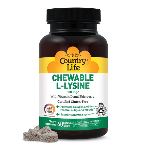 [BRSWGHY5AQOREH3L] Country Life Chewable L-Lysine Supplement with Vitamin D and Elderberry, Immune Support and Collagen Renewal for Skin Tissue, Ideal for Adults