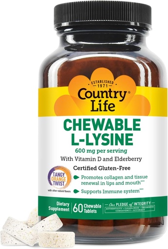 [BRSWGHY5AQOREH3L] Country Life Chewable L-Lysine Supplement with Vitamin D and Elderberry, Immune Support and Collagen Renewal for Skin Tissue, Ideal for Adults