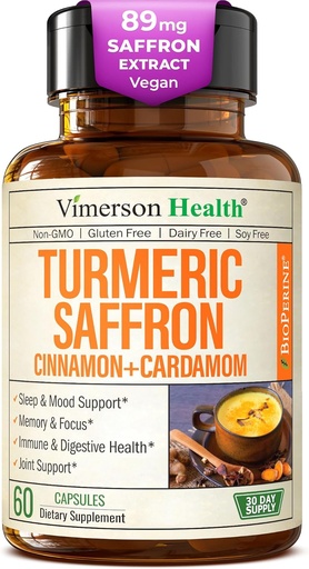 [BRSWGFQEDEBA4CY2] Saffron Supplements – 89mg Saffron Ekstrakt og 1000mg Tumeric Blend – Turmeric Supplement med ceylon kanel og kardemom for humør, minne og øye helse – Felles kosttilskudd for kvinner og menn – 60 greve
