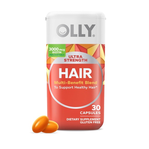 [BRSWYHQYDEDREYLF] OLLY Ultra Strength Hair Softgels, Supports Hair Health, Biotin, Keratin, Vitamin D, B12, Hair Supplement, 30 Day Supply - 30 Count (Packaging May Vary)