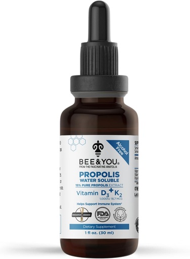 [BRSW2ATROEBG2HI7] BEE and You Liquid Propolis Extract, Water Soluble, Vitamins D3+K2, High Potency, Immune Support Supplement, Sore Throat Relief, Antioxidants, Keto, Paleo, Gluten-Free, 1 Fl Oz (1 Pack)