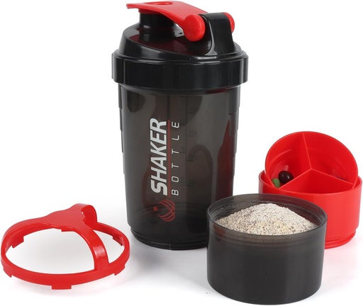 [BRSROFDYAAFAK33F] Shaker Bottle,16oz Protein Shaker Bottles with Mixing Ball, 3 in 1 Leak-proof GYM Shake Cup with Powder Storage & Pill Tray, Ideal for Workout,BPA Free（Red）
