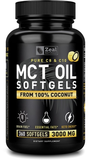 [BRSWGHAYDJYBQYIZ] Zeal Naturals Pure MCT Oil Capsules - 3000mg, 360 Softgels |C10, C8 MCT Oil Unrefined Coconut | Energy Support & Brain Fuel Supplement | Gluten-Free