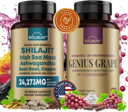[BRSRAEIBCJ6W233L] Cognitive Wellness Bundle - Resveratrol Complex & Shilajit Fulvic Acid Minerals - Sea Moss, Ashwagandha, Clinically Tested Cognigrape Red Grape Extract - Non-GMO, Gluten-free, Vegan Supplement