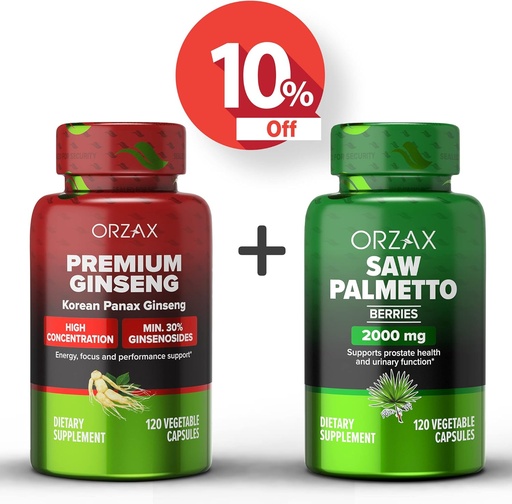 [BRSRMATYBMHAG2D3] ORZAX Ginseng, 30% Ginsenosides 120 Vegatable Capsules and Saw Palmetto 2000 mg 120 Vegetable Capsules, Bundle