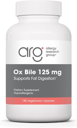 [BRSWKEY7BAMWCEDG] Alergický výskum Group Ox Bile 125 mg - Ox Bile Doplnky pre žlčník, Tráviace enzýmy pre pečeň, Fat Tráviaca podpora, pre mužov a ženy, Hypoalergénna formula - 180 Vegicaps