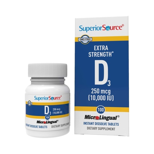 [BRSWIZYIDJ7B4E3K] Superior Source Vitamin D3 10000 IU, Quick Dissolve MicroLingual Tablets, 100 Count, Helps Promote Strong Bones and Teeth, Immune Support, Helps Maintain Healthy Muscle Function, Non-GMO