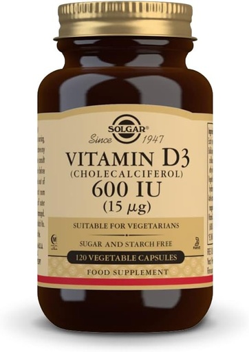 [BRSWIFQOOEIAMYLY] Solgar Vitamin D3 (Cholecalciferol) 15 mcg (600 IU), 120 Vegetable Capsules - Helps Maintain Healthy Bones & Teeth - Immune Support - Non-GMO, Gluten Free, Dairy Free, Kosher, Halal - 120 Servings