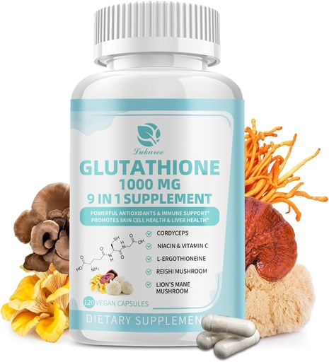 [BRSRAGQOO4FAGD3P] Glutathione Suplemento 1000 mg, Suplemento de setas con vitamina C, Niacina - Detox vivo, Apoyo inmunitario y antioxidante, Reducido L-Glutathione 120 cápsulas veganas - No GMO