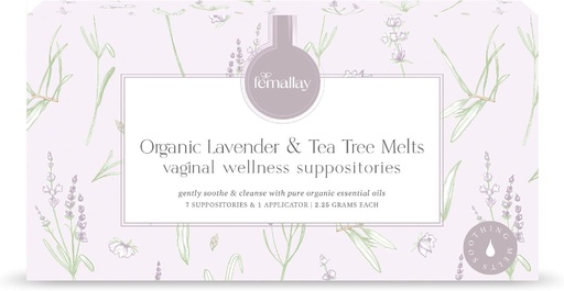 [BRSW2BITPMMWOD3F] Femallay Organic Lavender and Tea Tree Oil Vaginal Cleansing Suppositories for Hygiene, 100% natürliche Melts für Feminine Care, groß für Trockenheit und mehr, 7 individuell gesiegelte Melts + 1 Applicator