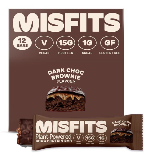 [BRSWYEI7BUBRUFYU] Misfits Vegan Protein Bars, Dark Chocolate Brownie - Original Recipe | Gluten Free, Plant Based, Low Sugar & Carb, High Fiber Snacks | Pack of 12