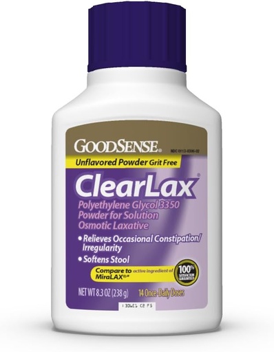 [BRSWIYIPAENQADYZ] GoodSense ClearLax, Polyethylene Glycol 3350 Powder for Solution - Osmotic Laxative for Constipation Relief, Unflavored, 8.3 oz