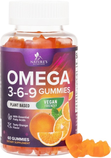 [BRSWYYA6BUJREEY3] Omega 3 6 9 Gummies - Vegan Omega 3 Supplement Gummy - Essential Fatty Acids Oil 369 Complex Heart Support & Brain Support for Women, Men & Pregnancy, Fish Free Non-GMO, Orange Flavored - 60 Gummies