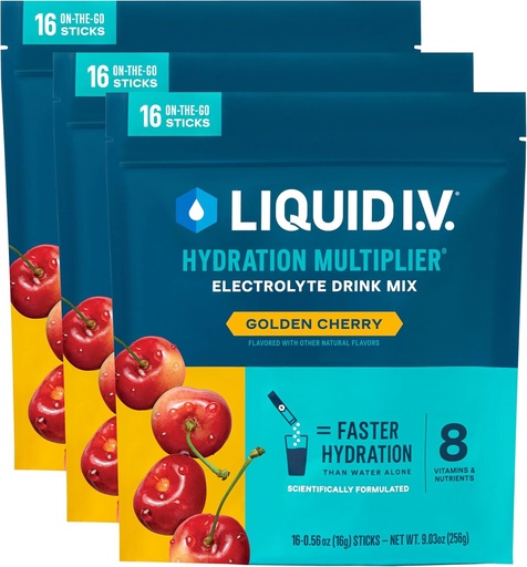 [BRSRMYYFOVYQOHLK] Liquid I.V.® Hydration Multiplier - Golden Cherry | Electrolyte Powder Drink Mix | 3 Pack (48 Servings)