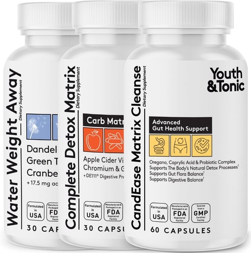 [BRSWYATRBYAWO3A3] Whole Body Cleanse Detox Complete Matrix Pills | CandEase and Gut Cleanser and Water Away Bundle | Digestive System Cleansing Supplement Body Alkalize & Flush Out Excess Water to Help Detoxify