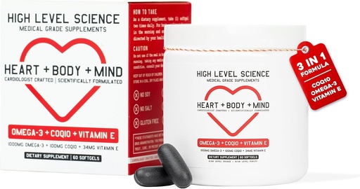 [BRSRAEIOCUMQEA3D] High Level Science CoQ10, Omega-3, Vitamin E - Cardiologist Formulated for Heart + Body + Mind Health with DHA/EPA, Antioxidant for Energy, Superior Bioavailable Fish Oil - Gluten Free, 60 Softgels