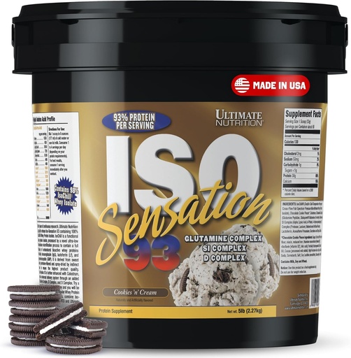 [BRSWIYAMCUMQECTC] Ultimate Nutrition Whey Protein Isolate Powder with Glutamine Complex, ISO Sensation 93 - Whey Protein Powder with Added Colostrum for Enhanced Recovery, Immunity & Gut Health - Cookies N Cream, 5lbs