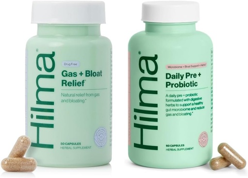 [BRSROCQLOEIGAEQ4] Hilma Healthy Gut & Bloat Support Bundle - Gas & Bloat Relief (50 Vegan Capsules) with Lemon Balm, Fennel & Peppermint Leaf + Daily Pre & Probiotic with Herbs (60 Vegan Capsules) for a Healthy Gut