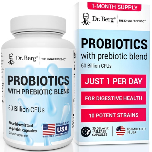 [BRSRM2YBCEOR42TF] Dr. Berg Probiotic Supplement (60 Billion CFUs) - Helps Ease Occasional Constipation, Diarrhea, Gas & Bloating* - Pre and Probiotics for Digestive Health - 30 Probiotic Capsules