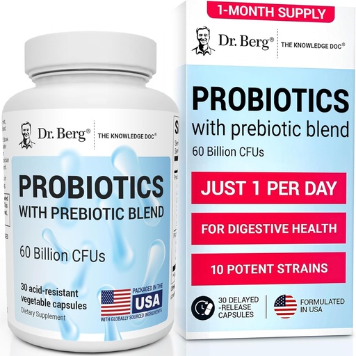 [BRSRM2YBCEOR42TF] Dr. Berg Probiotic Supplement (60 Billion CFUs) - Helps Ease Occasional Constipation, Diarrhea, Gas " Bloating* - Pre and Probiotics for Digestive Health - 30 Probiotic Capsules