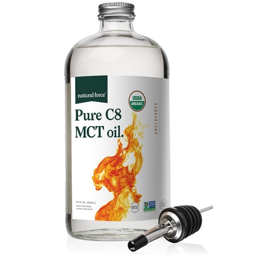 [BRSWGCQ5DENQYGT3] Natural Force Organic Pure C8 MCT Oil – Liquid MCT Oil in Glass Bottle Container – Concentrated Caprylic Acid – Keto, Paleo, Kosher, Vegan & Non-GMO – Lab Tested for Quality and Purity, 32 Ounce