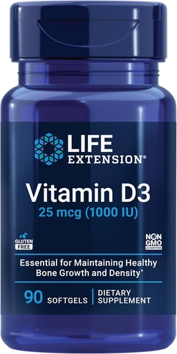 [BRSWIEAZCENRAHD6] Life Extension Vitamin D3 25 mcg (1000 IU), Immune System Support, Bone Health, Whole-Body Health, Value Size, Gluten-Free, Non-GMO, 90 softgels