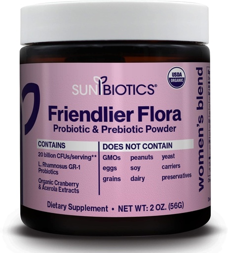 [BRSROYI5B4PWEFDP] SUNBIOTICS Friendlier Flora - Women's Blend, 20 Billion CFUs of 6 Probiotic Strains, Women’s Daily Digestive Vaginal & Immune Health, Non-GMO and Gluten Free, 2 Ounce