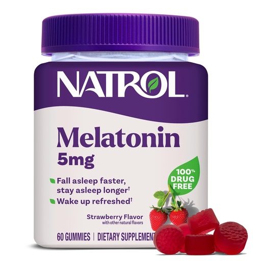 [BRSWYELRBN5QAA3O] Natrol Melatonin 5mg, Dietary Supplement for Restful Sleep, 60 Strawberry-Flavored Gummies, 60 Day Supply