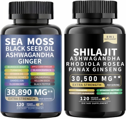 [BRSRAGAEOQPBUEQY] Sea Moss and shilajit Sea Moss Black Seed Oil Ashwagandha Ginger&shilajit rhodiola rosea panax Ginseng (120 Count)
